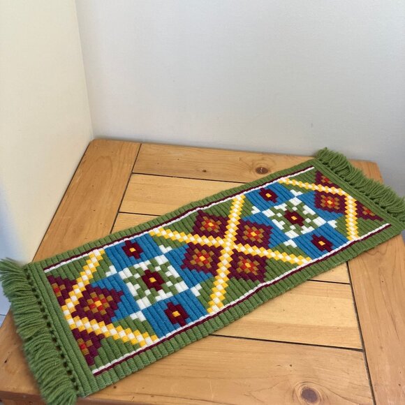 Scandinavian Hand Embroidered Small Table Runner Vintage Geometric & Fringe Ends - Picture 6 of 6